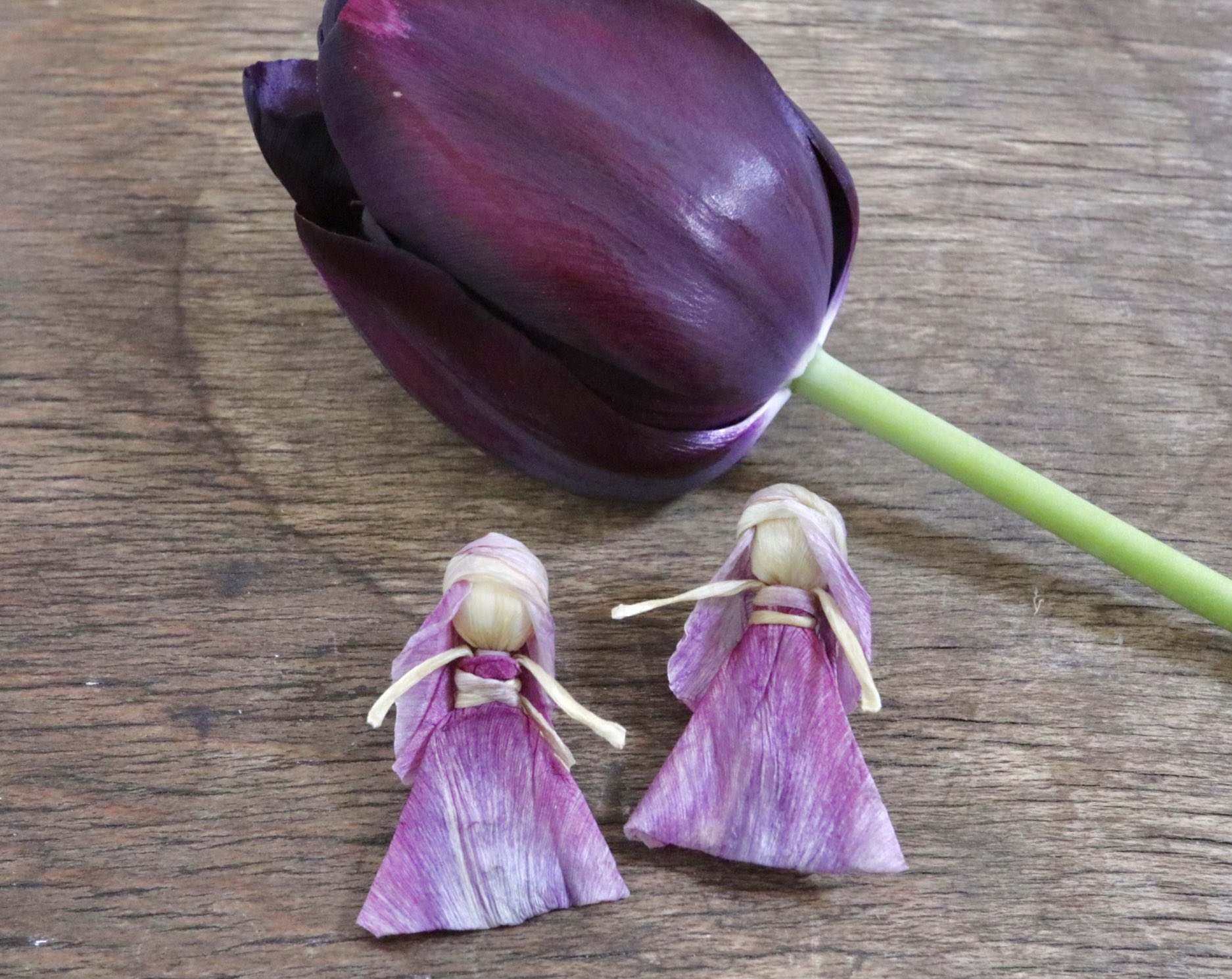 Inori チューリップの花びらの女の子です 散って乾燥させた花びら６枚 一花 分 です パリパリの所は霧吹きで湿らせて戻しました こよって作った紐は根元の方が丈夫です チューリップの花びらの可能性に挑戦したくて花びらのみで作る方法を考えました