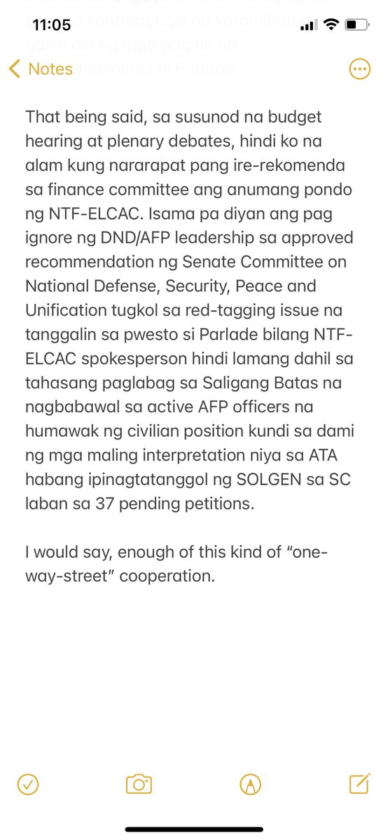 Sen ⁦ @iampinglacson⁩ expresses his disappointment to the NTF-ELCAC and DND for not heeding the Senate’s call to remove Gen Parlade: Sa susunod na budget hearing at plenary debates, di ko na alam kung nararapat pang irekomenda... ang anumang pondo ng NTF-ELCAC |  @sherieanntorres