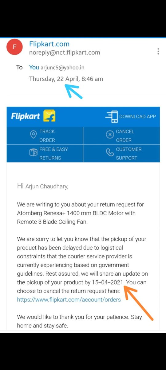 arjunc5's tweet photo. What type of reply is this?@flipkartsupport @Flipkart Today is 22-4-2021. How will you help me by 15-4-2021. Did you mean 15-4-2022 ? https://t.co/4Bg0YO6ka8