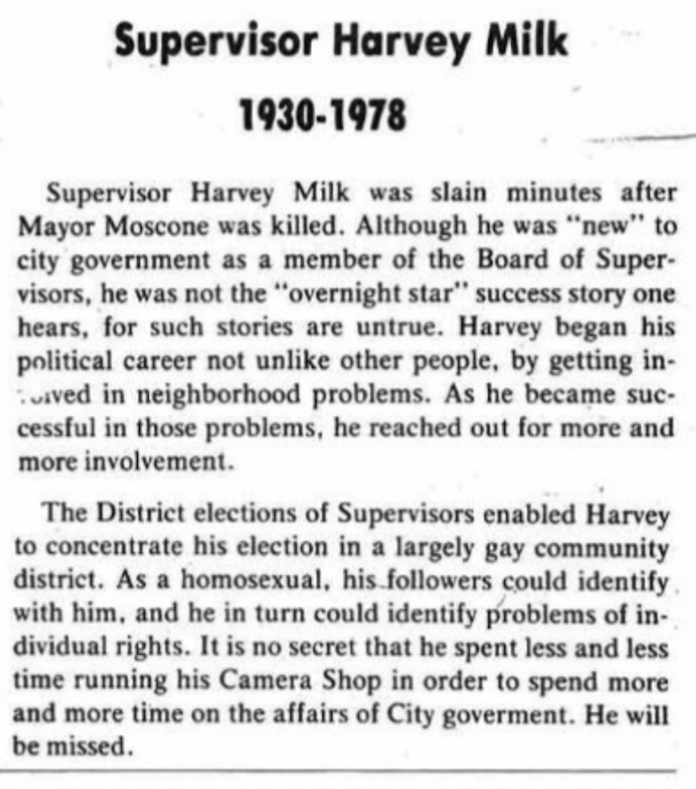 The POA published a...sort of...tribute to Harvey Milk in their journal. "It is no secret that he spent less and less time in his Camera Shop in order to spend more and more time on the affairs of City government. He will be missed."