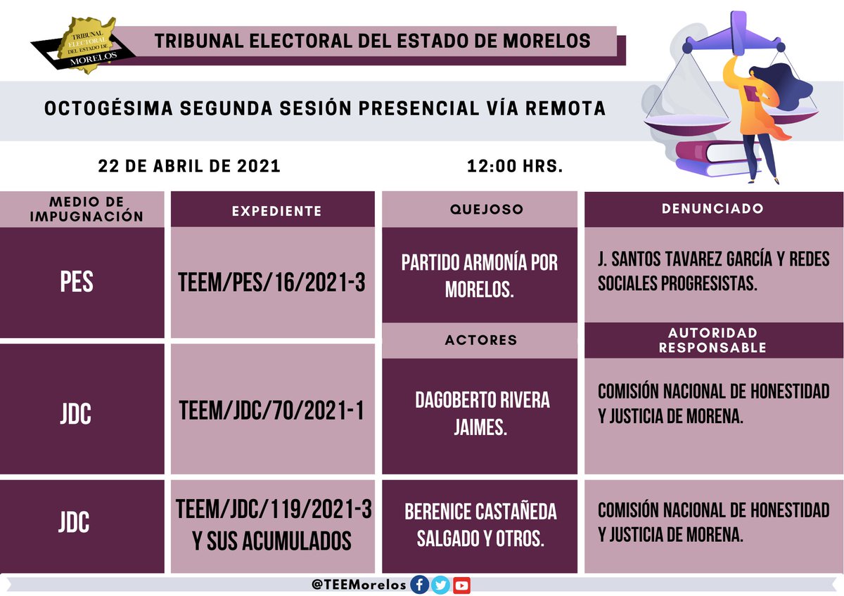 TEEMorelos's tweet image. 📣#AvisoComplementario | Se hace del conocimiento público que, en la #SesiónPresencialVíaRemota del  @TEEMorelos convocada para las 12:00 Hrs. del día 22 de abril de 2021, serán objeto de resolución, dado su urgencia, los siguientes asuntos: