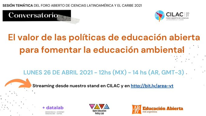 AREA (@redargea) on Twitter photo Recuerden que este lunes continuamos con el ciclo de eventos en el contexto del <a href="/ForoCILAC/">Foro CILAC</a> hablando de educación abierta y educación ambiental.
Streaming: bit.ly/area-yt (se puede *fijar recordatorio* para que no se les olvide).
Inscripción: bit.ly/CILAC_EAA Recuerden que este lunes continuamos con el ciclo de eventos en el contexto del <a href="/ForoCILAC/">Foro CILAC</a> hablando de educación abierta y educación ambiental.
Streaming: bit.ly/area-yt (se puede *fijar recordatorio* para que no se les olvide).
Inscripción: bit.ly/CILAC_EAA