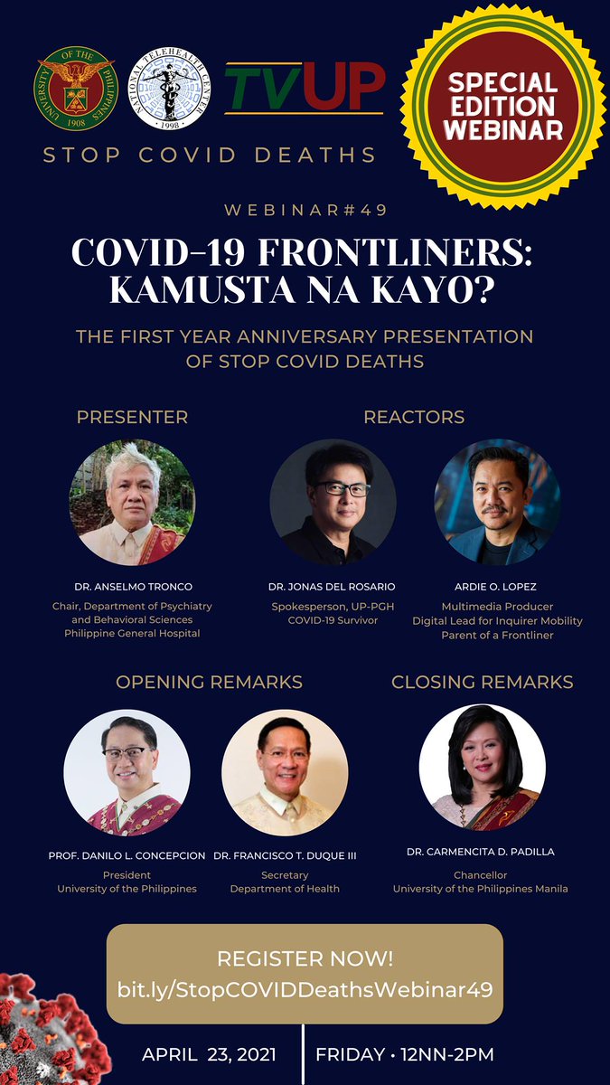 The 49th webinar of the Stop COVID Deaths series will focus on well-being and discuss how frontliners seek and continue to find meaning in serving patients despite the adverse conditions they face. Register via bit.ly/StopCOVIDDeath…. Padayon!

Read more: facebook.com/StopCOVIDDeath…