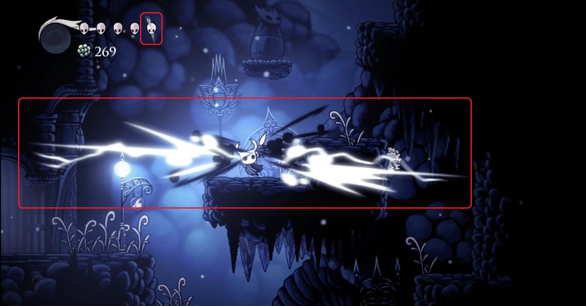In contrast, Nero’s heavy attacks trigger layers of fx that sell strength/directionality. Particle effects size can also be exaggerated to communicate the importance of the hit. In Hollow Knight, getting hit is a big deal as evidenced by the full screen particle impact. 2/4