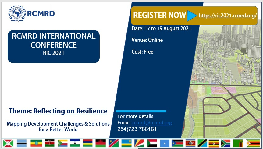 RCMRD_'s tweet photo. 🚨 RCMRD INTERNATIONAL CONFERENCE. 🚨

THEME: Reflecting on Resilience; Mapping Development Challenges &amp; Solutions for a Better world.

📅: 17 to 19 August 2021

📍: Online

💰: FREE

REGISTRATION➡️https://t.co/wrW6vy4teT 
#RIC2021 https://t.co/N4rJZbHw6M