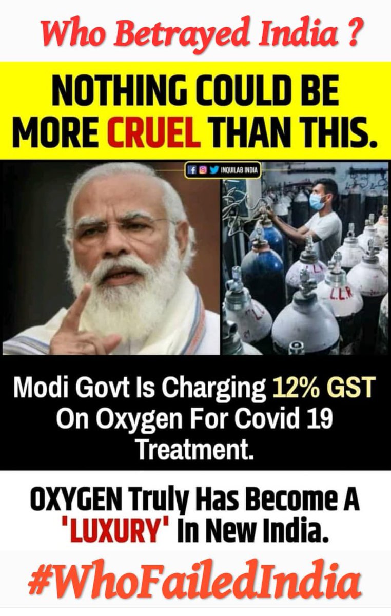 KirthiGanesh1's tweet photo. Modi Government looting us even during crisis. 12%GST on oxygen, increased vaccine prices, No news on #PMCaresFund 

Such a shame! 

#WhoFailedIndia 
#ModiMadeDisaster  
#CovidIndia https://t.co/RR4jdPQVmJ