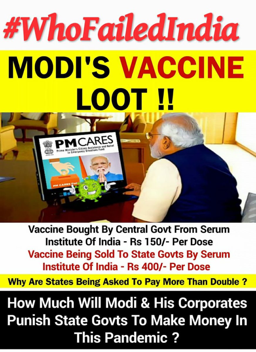 KirthiGanesh1's tweet photo. Modi Government looting us even during crisis. 12%GST on oxygen, increased vaccine prices, No news on #PMCaresFund 

Such a shame! 

#WhoFailedIndia 
#ModiMadeDisaster  
#CovidIndia https://t.co/RR4jdPQVmJ