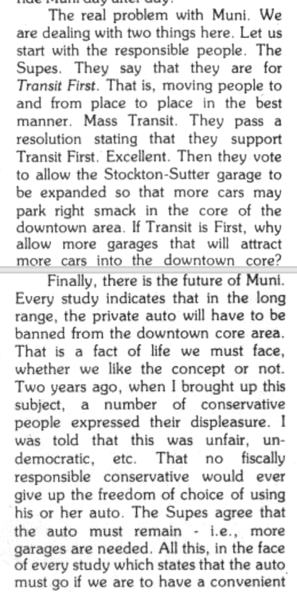 anyway since this entire thread was bad stuff. one thing i thought was cool to learn about Harvey Milk was that he was passionate about transit & reducing car use. he wanted more Muni service, free Muni, no cars downtown, no new city garages. called out "transit first" hypocrisy.