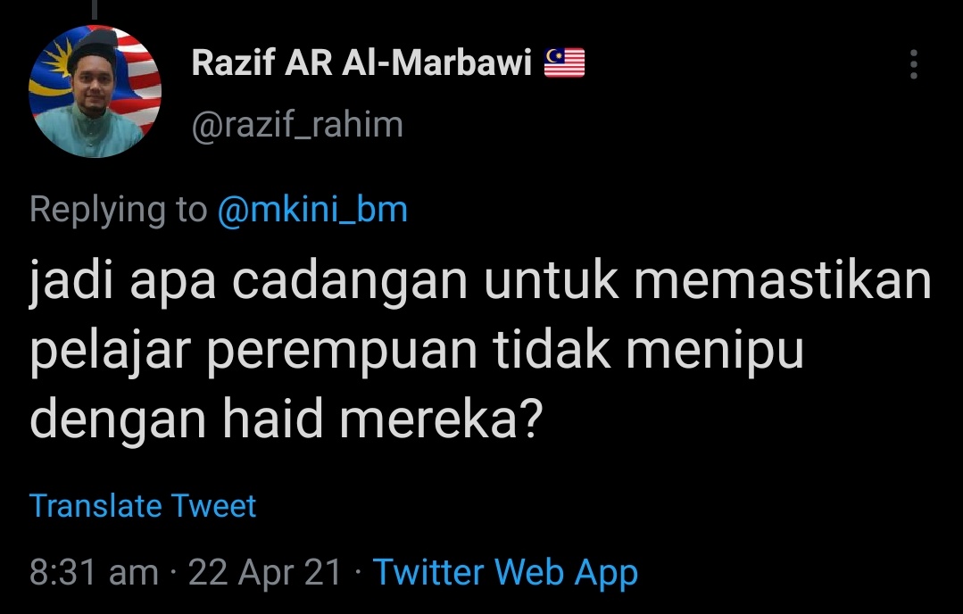 Kenapa sibuk jadi pervert dok periksa pelajar tengah haid atau tak? Cuba guna masa tu untuk check samada pelajar cukup makan ke, cukup masa untuk berehat ke, cukup sistem sokongan untuk elak orang gatal macam ni guna agama untuk raba pelajar ke. Kenapa buat kerja sia-sia?