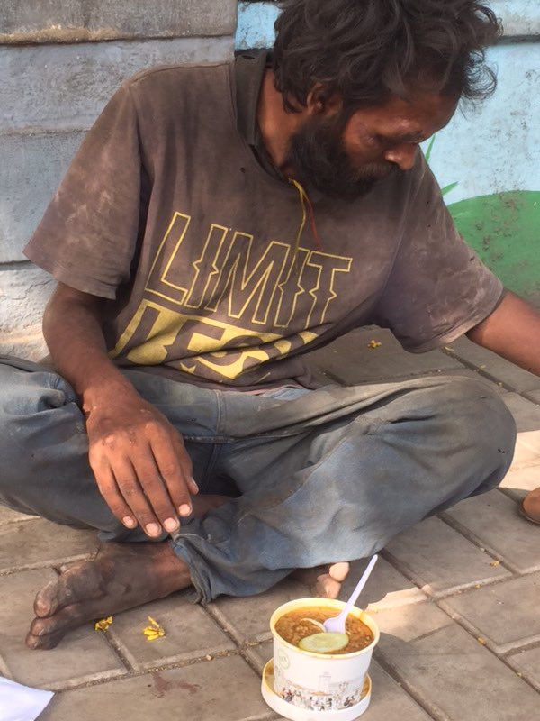 Day 3 This is the second day we found him at the same place. He offered us 20 rupees to support this initiative. He has nothing but still gives all he has. (33)