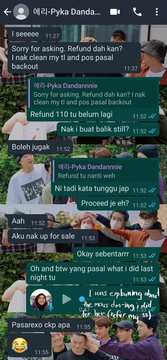 tagged and told each of em that pyka wasnt a scammer & asked them to not rt the thread. After that was done, i resumed refund to buyer 2. (In pic 1 & 2, i kinda dont understand why is she so keen to know abt @pasarexo's reaction lmfao). So basically, pyka has borrowed my RM174 