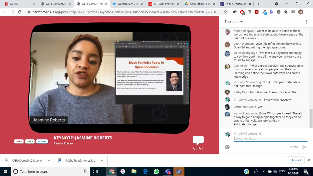 @ProfJasmine asserts black feminist roots in #OpenEd but not credited/recognized, instead credit is given to white cisgender men
#OERxDomains21
