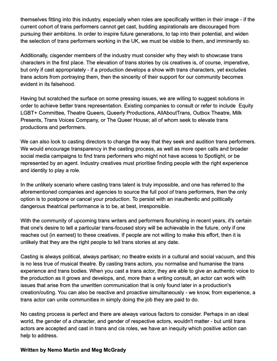 megmcgrady's tweet photo. One year since we wrote our last open letter asking for better trans representation within the musical theatre community and we are back again. This shouldn’t have to be a yearly review. 

The Stage Article: https://t.co/XqmJMEyVCd
The Open Letter: https://t.co/pK6D9KaKSv https://t.co/3BVnGwoXPV