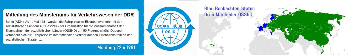berlbra's tweet image. Umweltinitiative April 1981

Zitat
"Ab 1. Mai 1981 werden die Fahrpreise im Eisenbahnverkehr .. sozialistischen Ländern auf Beschluss OSSHD um 50 #Prozent erhöht"

Logo de.wikipedia.org/wiki/Organisat…
Organisation für die Zusammenarbeit der Eisenbahnen
auch OSJD Sitz Warschau