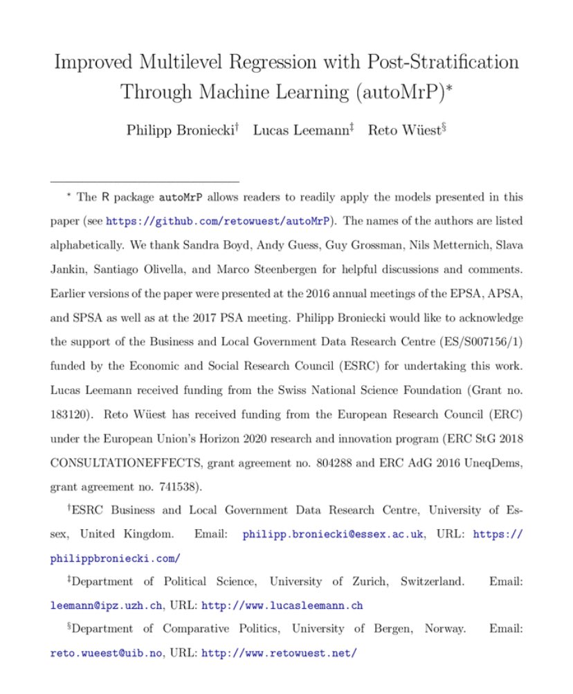 📢NEW PUBLICATION📢

Congratulations to @retowuest on his new article (w/ @PhilippBronieck and @LucasLeemann) “Improved Multilevel Regression with Post-Stratification Through Machine Learning (autoMrP)” out in @The_JOP ➡️ journals.uchicago.edu/doi/10.1086/71… #datascience #multilevelmodeling