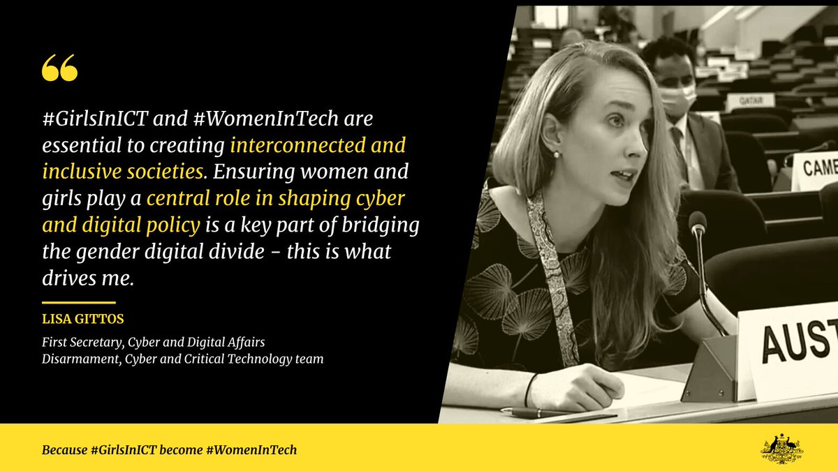 Lisa Gittos, our first dedicated cyber and digital affairs diplomat in Geneva, understands  #GirlsInICT today will pioneer the technology & ICT policies of tomorrow. She is committed to ensuring that the voices of women & girls are central to the ICT policy making process.