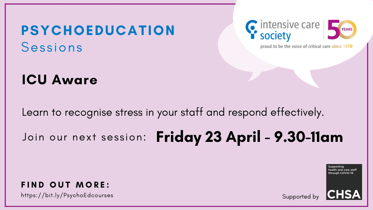 As well as checking out everything our wellbeing hub has to offer, you can also register for tomorrow’s ICU Aware psychoeducation session. 

Created by <a href="/DrJulie_H/">Dr Julie Highfield</a> &amp; supported by <a href="/CHSA_org/">CHSA</a>, it’ll help you recognise &amp; respond effectively to stress in ICU.

bit.ly/ICSEvents