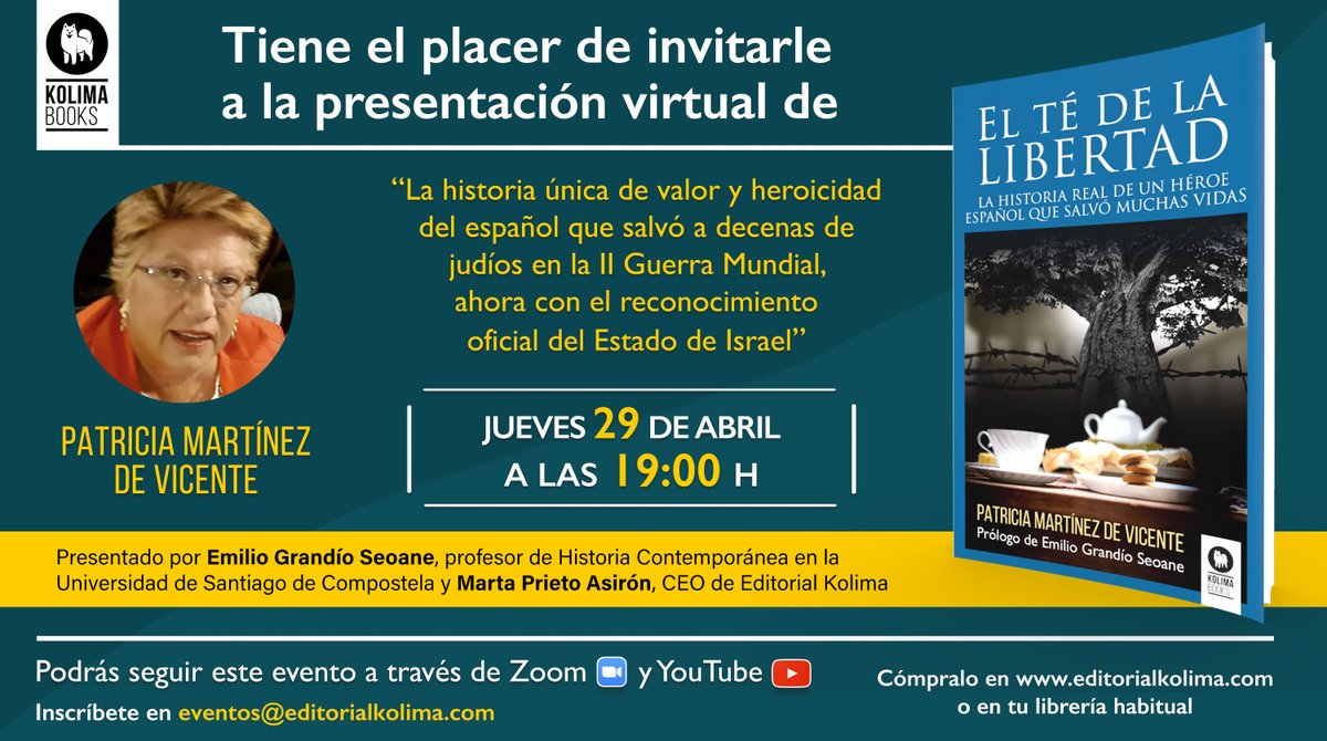 El próximo 29 de abril presentamos #Eltédelalibertad, una historia única en la que la investigación de Patricia Martínez de Vicente nos descubre el valor y la heroicidad de su padre, un médico que salvó miles de vidas.
¡¡No olvidéis registraros en Zoom!!