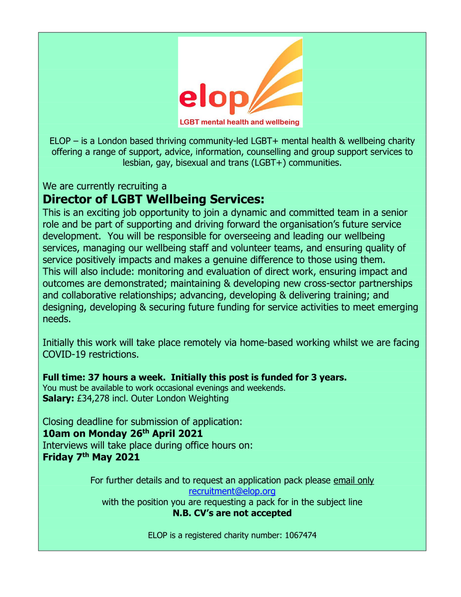 ELOP_LGBT's tweet photo. Last Chance: Please RT! We're hiring!  Still time to apply to join our team as our  Director of LGBT Wellbeing Services.   Exciting time to join the elop team as we have a range of new projects starting.  Email recruitment@elop.org https://t.co/N818550T1t