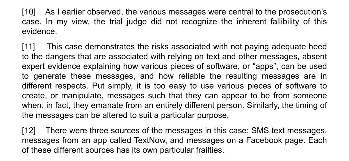 Jacob Damstra (@jacobdamstra) on Twitter photo V important <a href="/ONCA_en/">Court of Appeal for Ontario</a> #appeal decision released yesterday on the dangers of admitting electronic communications without expert evidence as to reliability
#appellatetwitter #lawtwitter @LernersAppeals
ontariocourts.ca/decisions/2021… V important <a href="/ONCA_en/">Court of Appeal for Ontario</a> #appeal decision released yesterday on the dangers of admitting electronic communications without expert evidence as to reliability
#appellatetwitter #lawtwitter @LernersAppeals
ontariocourts.ca/decisions/2021…