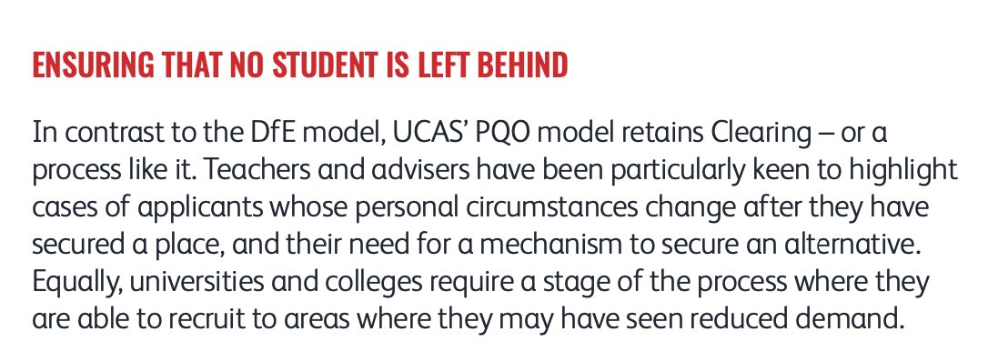 So surely UCAS's PQO plan will solve this problem at least and will do away with Clearing? Nope. It "retains Clearing" because unis would "require" it. That's a fair comment and a good reason why UCAS's model has at least one advantage over DfE's: it's actually workable.18/26