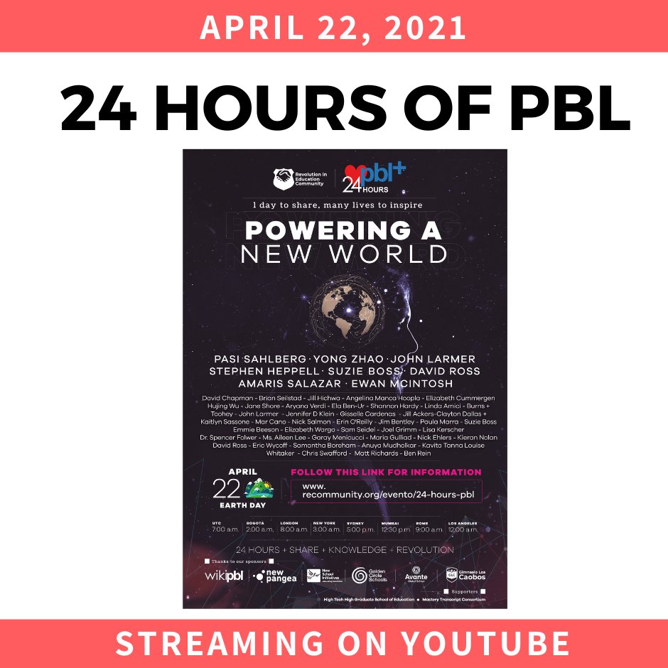 PBLMatters (@pblmatters) on Twitter photo Streaming today (4/22) on YouTube, <a href="/recommunity21/">Revolution in Education Community</a> is hosting '24 Hours of PBL'!!!
youtube.com/watch?v=R0NRL7…
#24HoursofPBLplus
- - - - - - - - - -
#pbl #projectbasedlearning #pblmatters #pblworks #hqpbl #pblnow #PBLchat #pblprojects #projectbasededucation Streaming today (4/22) on YouTube, <a href="/recommunity21/">Revolution in Education Community</a> is hosting '24 Hours of PBL'!!!
youtube.com/watch?v=R0NRL7…
#24HoursofPBLplus
- - - - - - - - - -
#pbl #projectbasedlearning #pblmatters #pblworks #hqpbl #pblnow #PBLchat #pblprojects #projectbasededucation