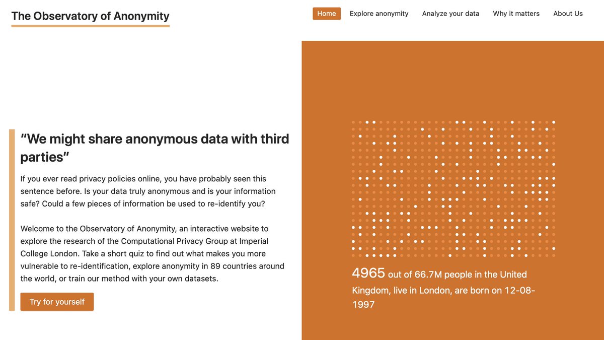 Introducing today to the world: “The Observatory of Anonymity”, spanning 89 countries and allowing you to test your degree of anonymity when sharing data online. https://cpg.doc.ic.ac.uk/observatory/ All statistical models run entirely in the browser, we don't collect any personal data. (1/n)