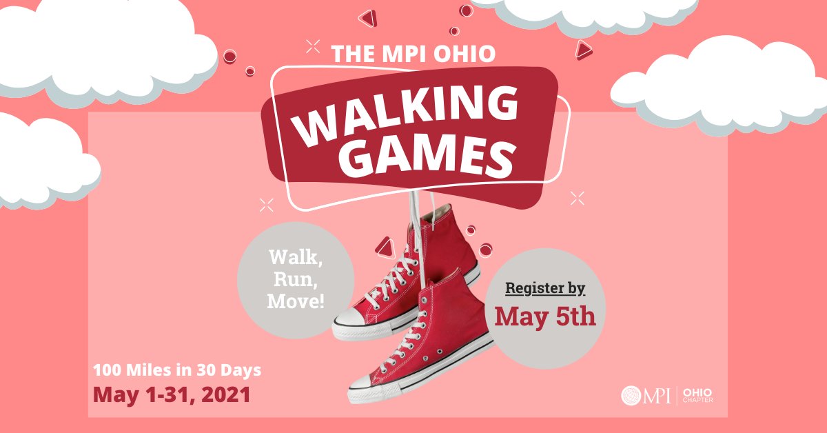 Join the MPI Ohio Chapter for the May Walking Games!  Walk or run for a total of 100 miles in 30 days, beginning May 1st.  Track your steps with the user-friendly application buff.ly/14uBU2N 
Register here today:  buff.ly/3aoK7hF
#WalkingGames #MPI #MPIOH