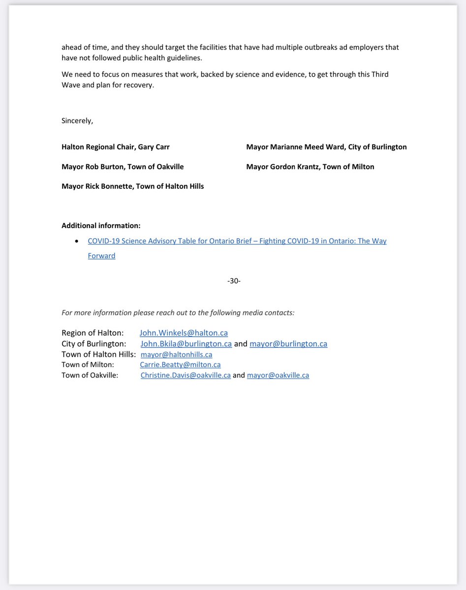 Halton’s Mayors &amp; Regional Chair <a href="/GaryCarrHalton/">Gary Carr</a> stand with the guidance provided by the COVID-19 Science Advisory Table for Ontario supporting sick pay, encouraging safe outdoor activities and accelerating vaccines for essential workers, among other measures to fight COVID-19.