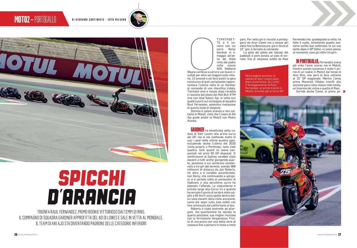 motosprint's tweet image. La caduta di #samlowes, il trionfo del rookie #raulfernandez e una gara ai piedi del podio per #marcobezzecchi. Il commento della #moto2 di Portimao lo trovate sul numero 16 di #motosprint in edicola!