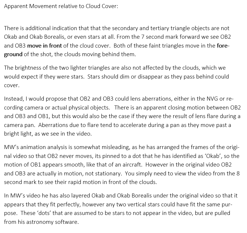 Point 6: The secondary triangles that MW Claims are Okab and Okab Borealis move in the FOREGROUND in front of coulds and are not affected/dimmed by cloud cover. Watch video from 7 second mark. These are either additional triagular objects or lens abberations.