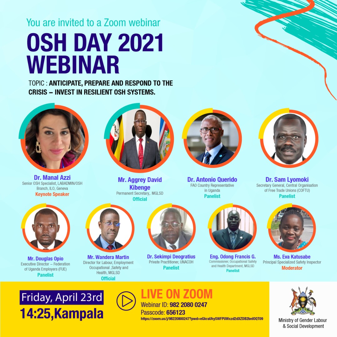Ministry of Gender, Labour and Social Development (@mglsd_ug) on Twitter photo Join us on the Webinar to commemorate the World Day for Safety and Health at Work #OSH <a href="/GCICUganda/">Government Citizen Interaction Centre</a> <a href="/newvisionwire/">The New Vision</a> <a href="/DailyMonitor/">Daily Monitor</a> <a href="/FrankTumwebazek/">Frank K Tumwebaze,MP: Isaiah 41: 11</a> <a href="/AggreyKibenge/">Aggrey Kibenge</a> <a href="/UgandaMediaCent/">Uganda Media Centre</a> Join us on the Webinar to commemorate the World Day for Safety and Health at Work #OSH <a href="/GCICUganda/">Government Citizen Interaction Centre</a> <a href="/newvisionwire/">The New Vision</a> <a href="/DailyMonitor/">Daily Monitor</a> <a href="/FrankTumwebazek/">Frank K Tumwebaze,MP: Isaiah 41: 11</a> <a href="/AggreyKibenge/">Aggrey Kibenge</a> <a href="/UgandaMediaCent/">Uganda Media Centre</a>