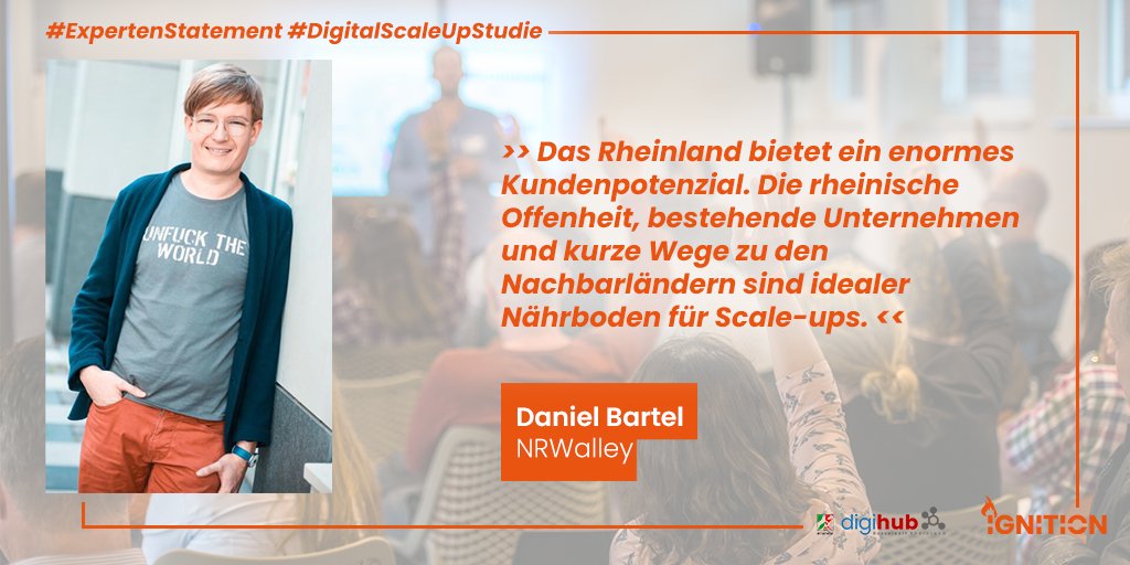 Die Anzahl der Gründungen im #Rheinland steigt. Unsere Studie (digihub.de/fuer-scale-ups) hat gezeigt, dass #startups die Nähe zu Unternehmen &amp; Industrie sowie Verfügbarkeit von qualifizierten Mitarbeitern schätzen. Auch <a href="/danbar87/">Daniel @danbar87@mastodon.social</a>// <a href="/NRWalley/">NRWalley</a> bewertet den Standort positiv 🙌 #DWNRW