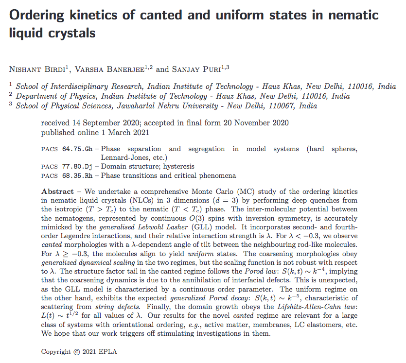 epl_journal's tweet photo. Ordering kinetics of canted and uniform states in nematic liquid crystals by Nishant Birdi, Varsha Banerjee and Sanjay Puri @iitdelhi @JNU_official_50 - https://t.co/ddbiw1cNTn https://t.co/5f6Z65ZCMn