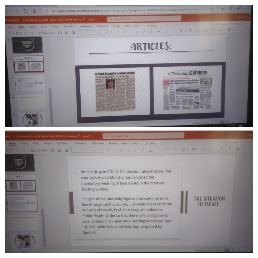 Dane, Neha, Marwa and Michelle of 10B focused on how Israel managed to combat the Coronavirus and managed to vaccinate 81% of its population.#RestoreOurEarth <a href="/GNMS_Tigers/">GNMS_Secondary Tigers_Semper Sursum</a> <a href="/TeresaRusten/">Teresa Rusten</a> <a href="/gemsnms_alkhail/">GEMS NMS Alkhail</a>