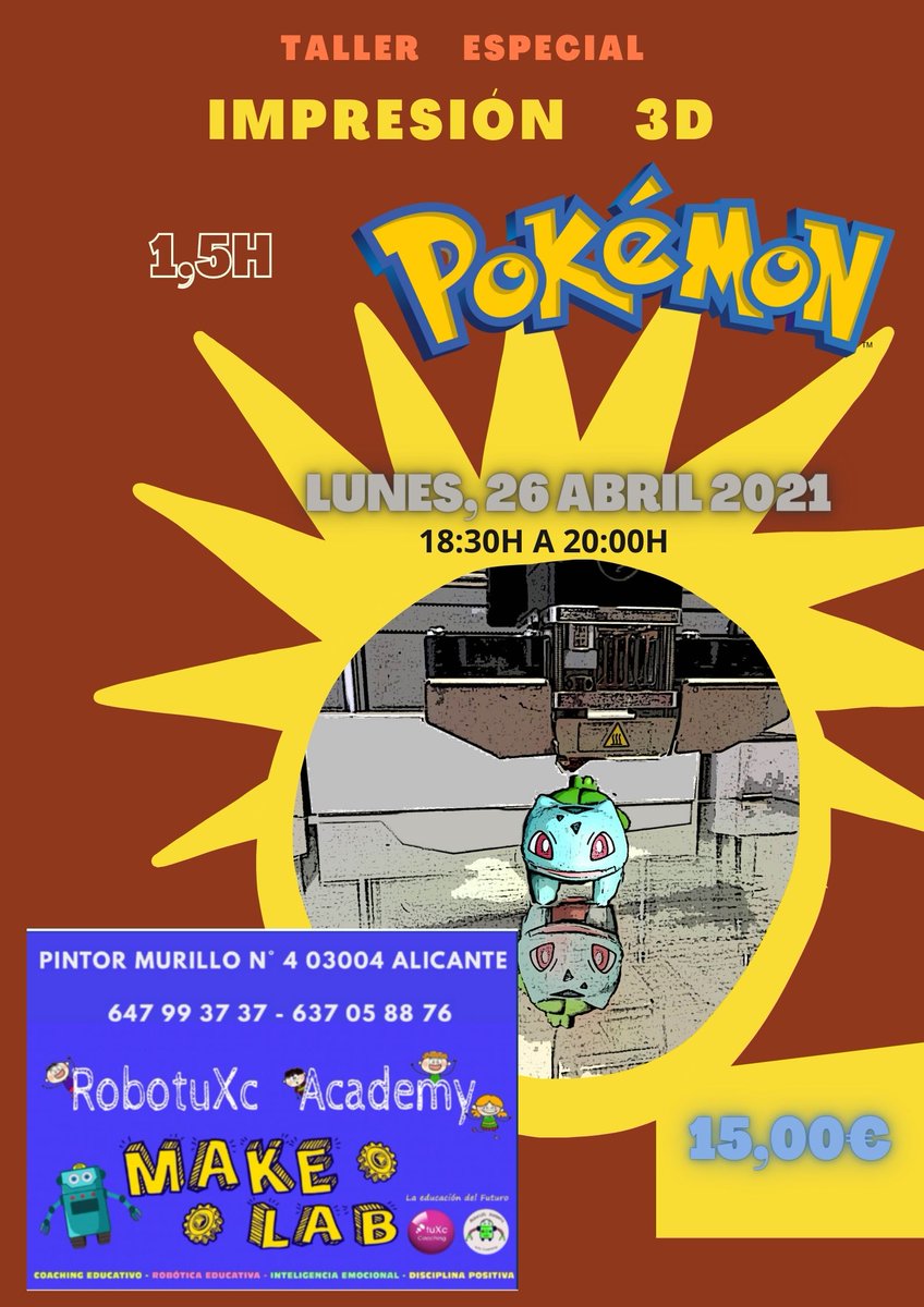En RobotuXc Academy seguimos con los TALLERES ESPECIALES, POKÉMON, en esta ocasión el próximo Lunes, realizamos taller de IMPRESIÓN 3D.
Podrás diseñar, imprimir y llevarte tu pieza POKÉMON.
El próximo Lunes,26 de Abril de 2021, de 18:30h a 20:00h
¡¡TE ESPERAMOS!!