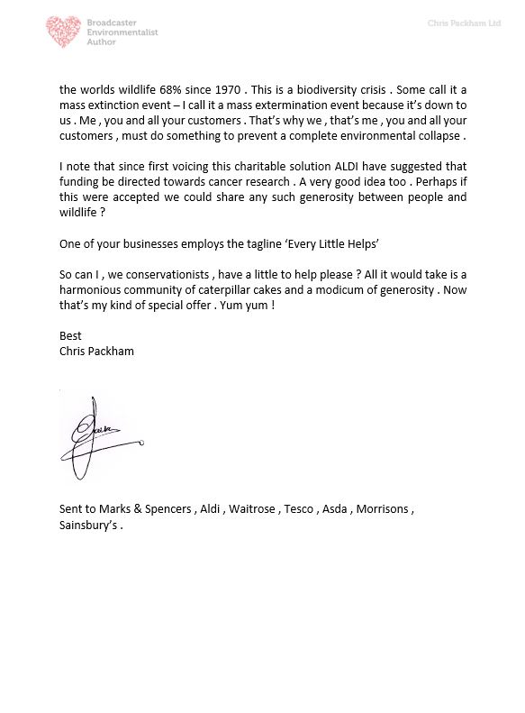 ChrisGPackham's tweet photo. 🐛SPECIAL OFFER 🐛Due to the lack of action after my offer to our large supermarkets , I sent them all this letter . Surely on #EarthDay we can find a way to work together for our biodiversity ? @marksandspencer @waitrose @Tesco @sainsburys @asda @Morrisons @AldiUK https://t.co/99ohcxfU9b
