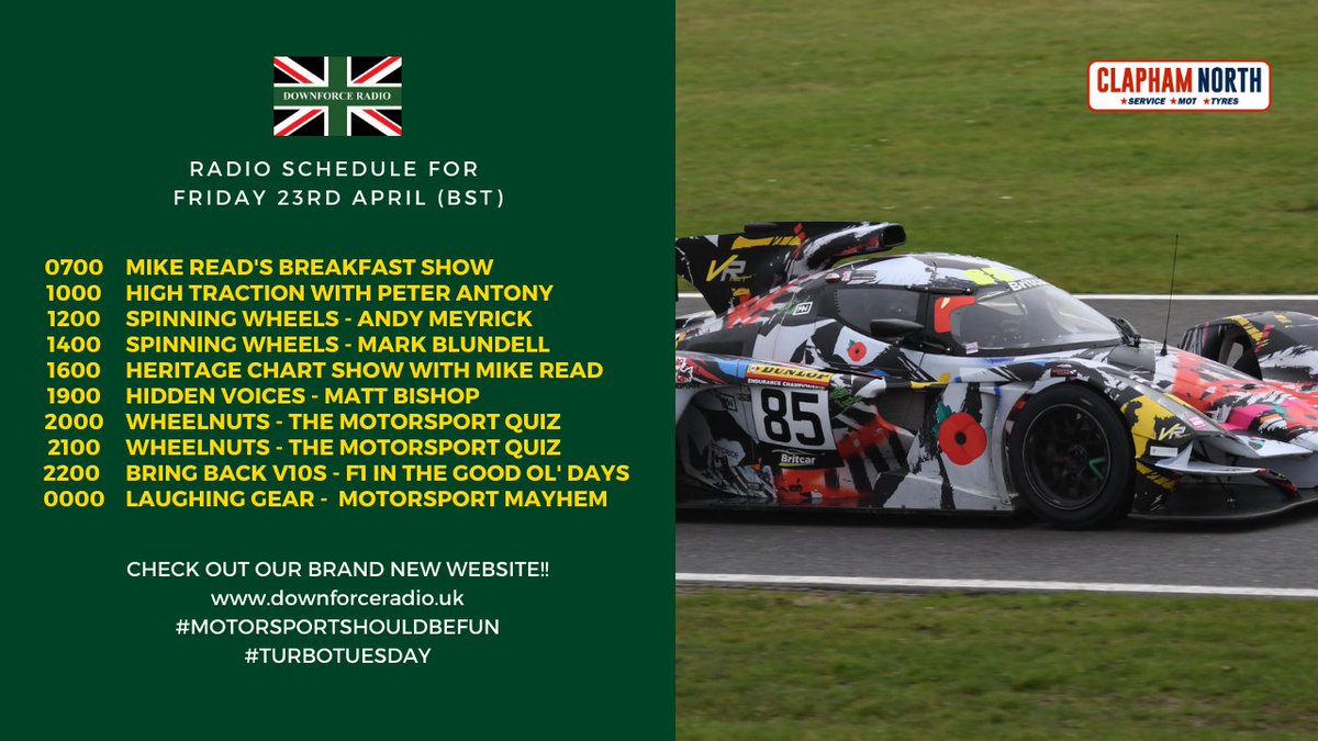DownforceRadio's tweet photo. Today is another great radio day!! After breakfast, catch @Peter_pa_antony with #HighTraction then a double bill of #Spinning Wheels as @TheGuySmith and @PaulWoodford84 meet @AndyMeyrick and @markblundellf1 - Heritage Chart with @MikeReadUK and @TheBishF1 with @Cla_Cottingham https://t.co/eNGV6GxVOm