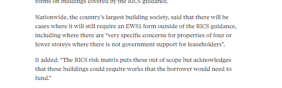Nationwide, the country's largest building society, has left the option open that checks may still be needed on buildings exempt under the RICS guidance. Lloyds have indicated a similar stance too.