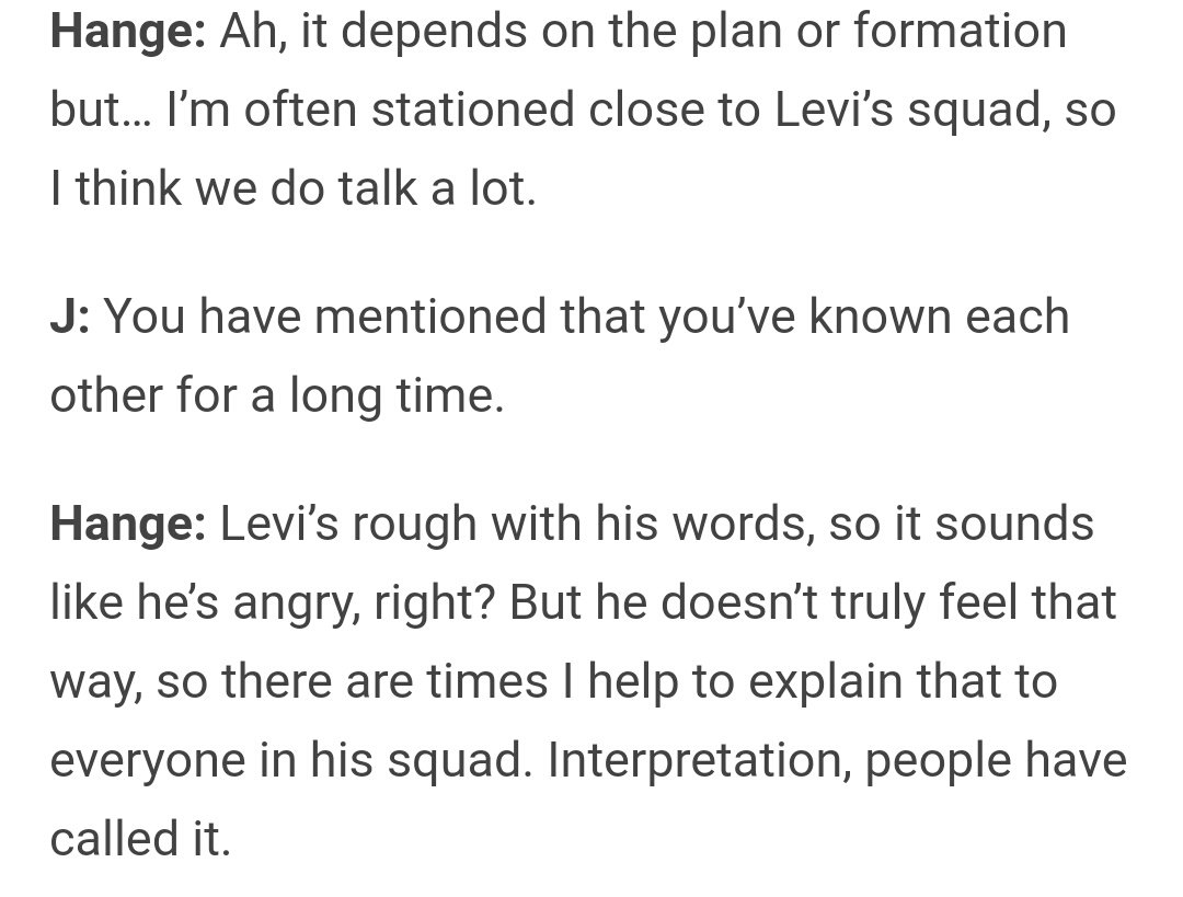 +as seen in some smartpass stories, hanji primarily talks about levi's kindness rather than his physical strength. hanji makes it a point that others realize levi is a kind person.  https://thymesisandpsyche.tumblr.com/post/169336826561/au-smartpass-interview-hange-zo%C3%AB