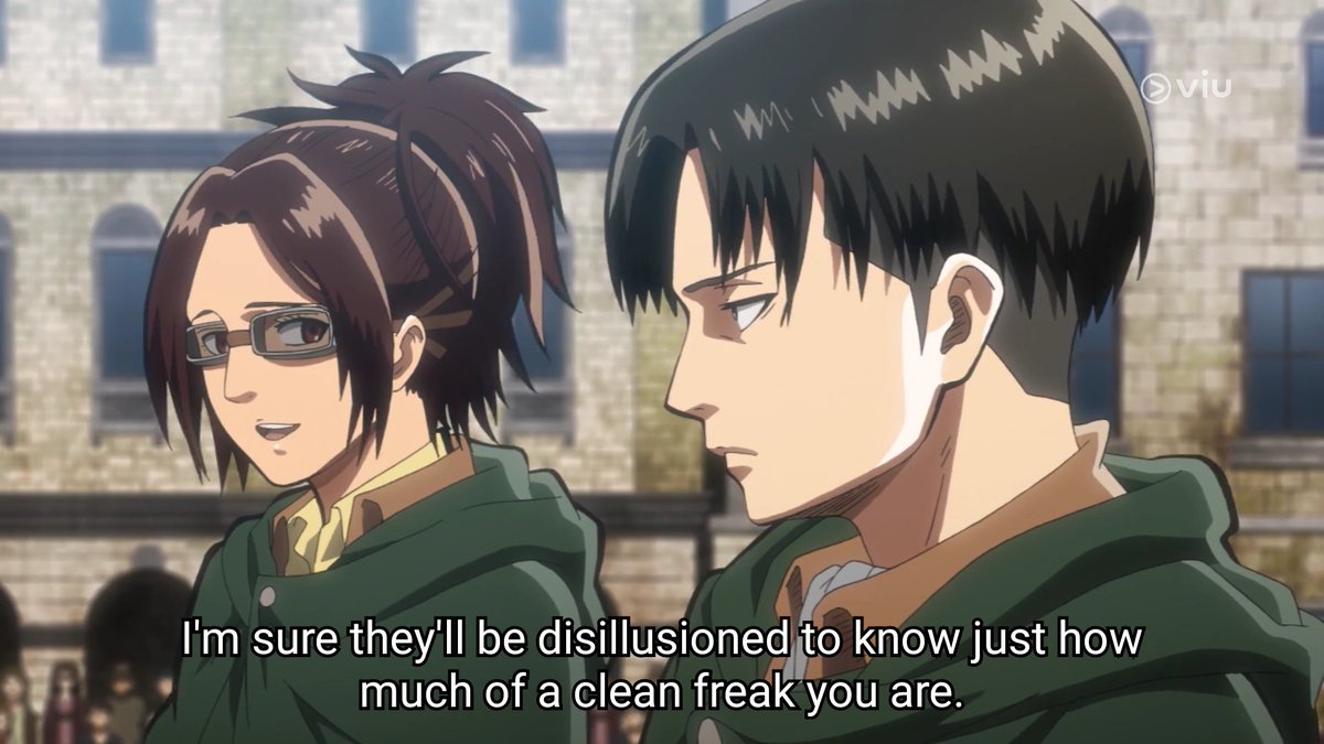 they are introduced together and from the start they already seem quite close. levi is cheered on for being "humanity's strongest" but levi doesn't seem to like being glorified. I think hanji knows this so they comment on a side about levi that others don't typically see.