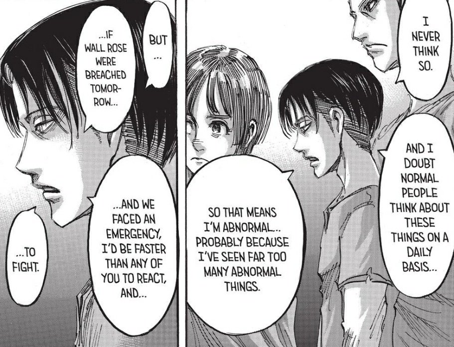 +note that levi referred to himself as an abnormal in ch56. this creates a room for another possible interpretation to what levi said to hanji in episode 9. what if levi was actually referring to himself then?