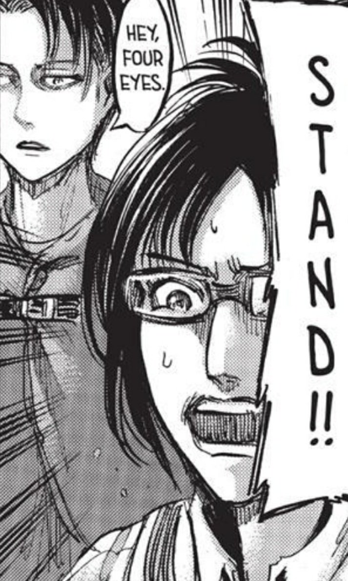 the nickname four eyes. note that levi stopped calling hanji "four-eyes" when they became commander but levi uses again to address hanji in ch132.