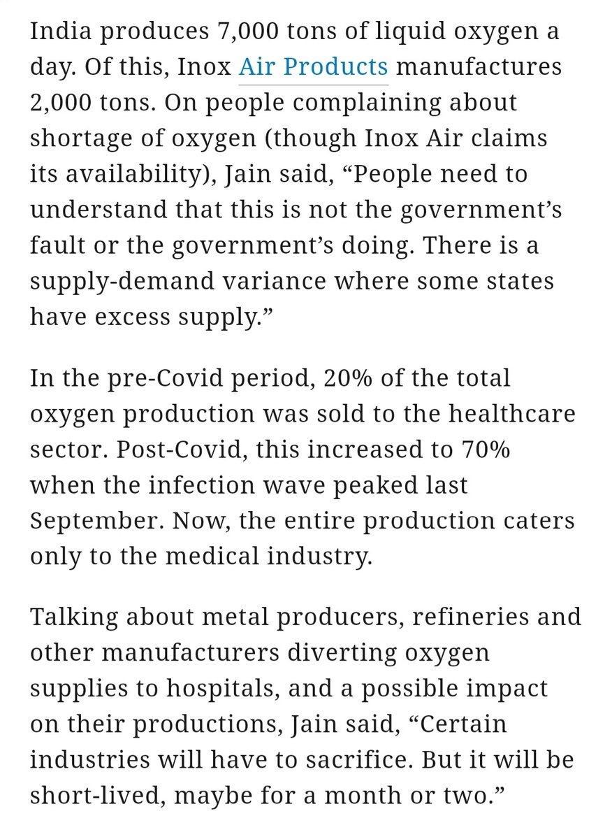 So we have extra-ordinary demand. Diversion of O2 from industries to meet this. With folks like Vedanta ready to augment. we have Inox saying that demand-supply mismatch is not the issue at all. Transportation to divert O2 is the prime issue. https://timesofindia.indiatimes.com/business/india-business/india-has-enough-oxygen-but-transport-a-problem/articleshow/82186506.cms