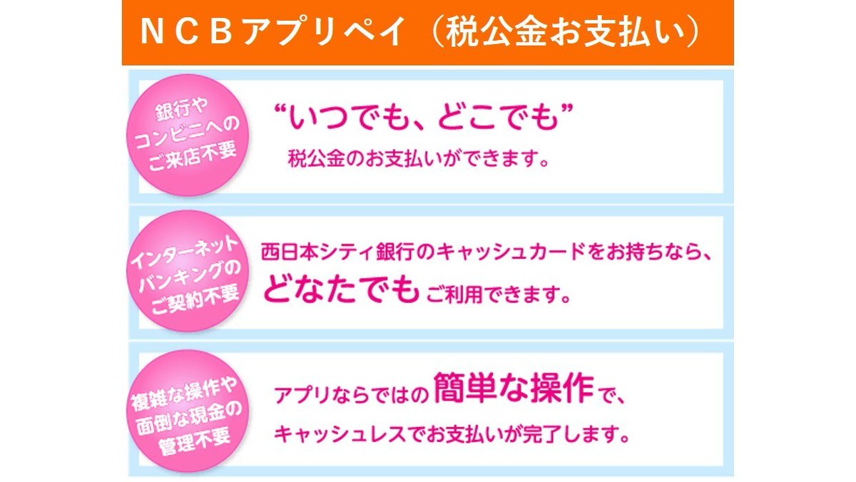 西日本シティ銀行 公式 西日本シティ銀行アプリ の Ncbアプリペイ なら 税公金のお支払いができます 軽自動車税 や固定資産税 のお支払いを アプリひとつで簡単にできますよ しかも手数料は無料 つい忘れてしまう前に お家で アプリからお