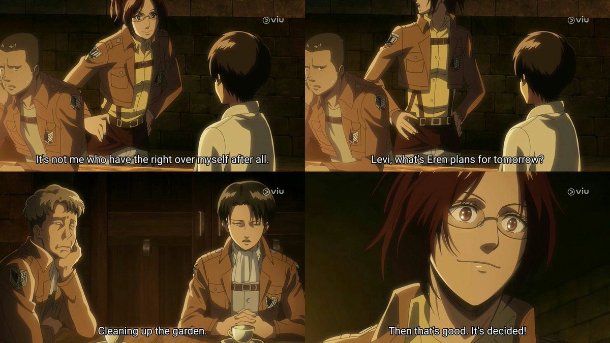 petra told eren that levi's word around the castle is the rule but that doesn't seem to apply to hanji. levi did not complain about hanji's decision either.