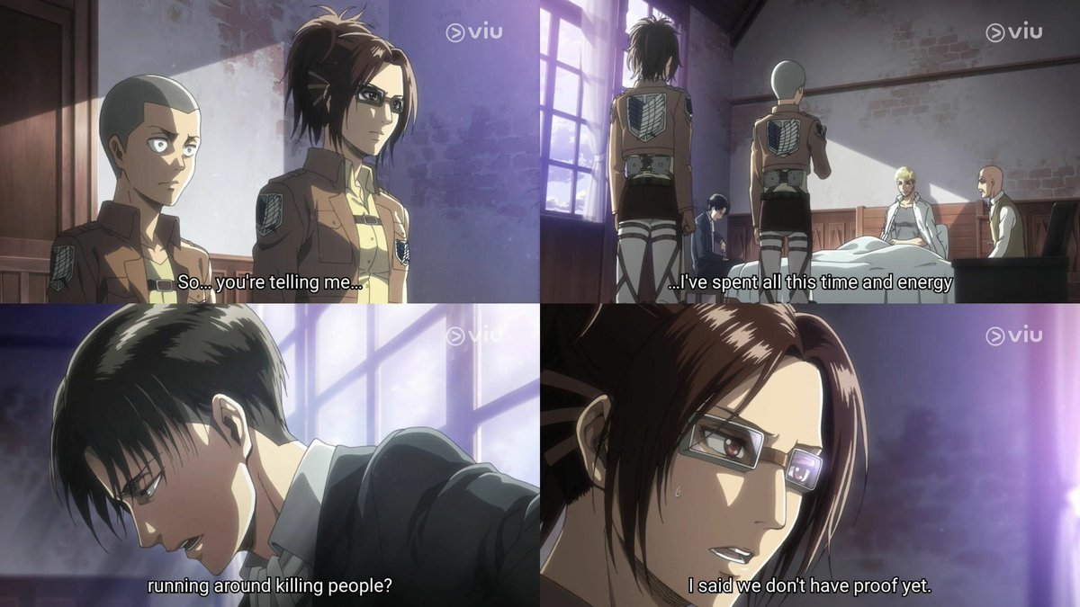 they can quickly sense if the other is feeling upset and they try to comfort and reassure them. they learned that titans might be humans and levi felt terrible about it but hanji was quick to reassure him.