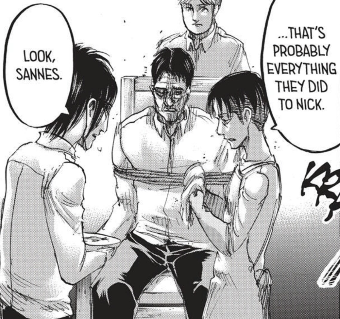 +getting back at sannes for what he did to pastor nick was more of hanji's personal business. it wasn't exactly necessary for levi have to take part but he did anyway and this was likely because hanji is someone important to him and he saw how much it troubled them.