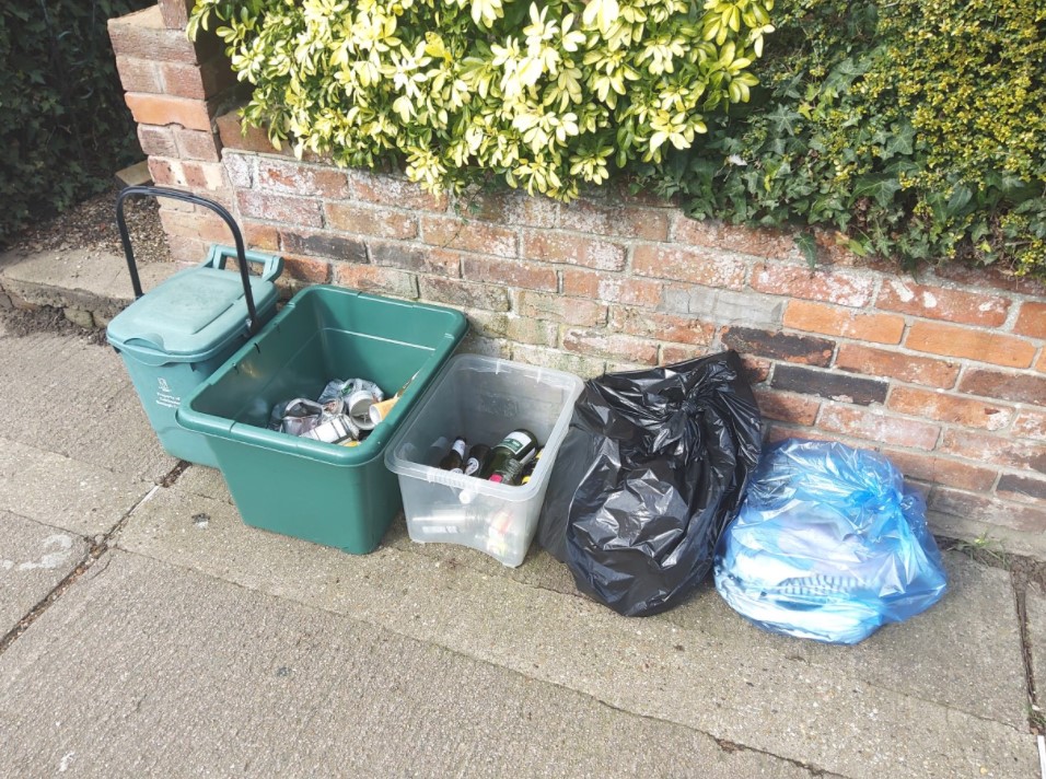 A photo of recycling boxes, a black bag, a food waste caddy and a blue bag with textiles in for recycling left out for collection. They're lined up against a wall at the front of a property with shrubs visible above the wall.