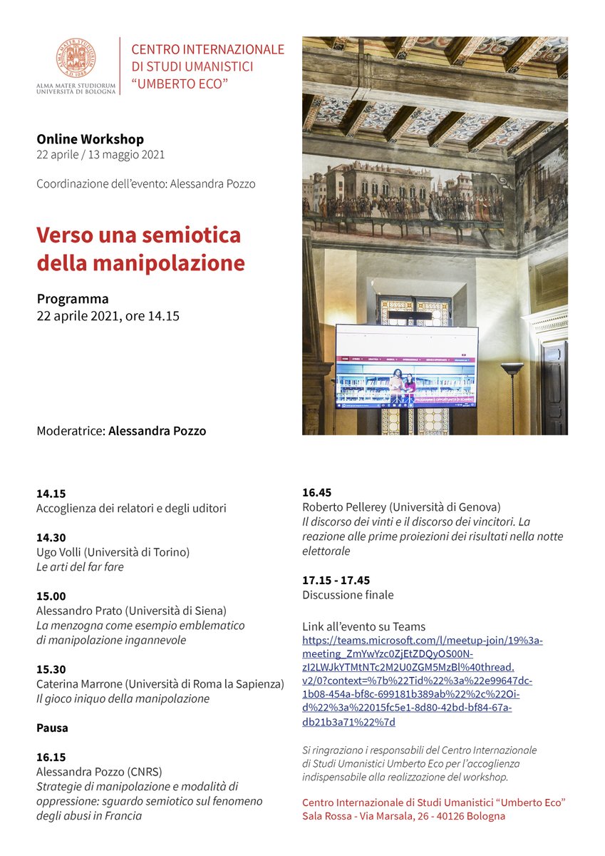 cue_unibo's tweet photo. Oggi 22 aprile dalle 14.15 su Team si tiene la prima giornata del workshop "Verso una semiotica della manipolazione". More info e link a Teams: https://t.co/O9nzI9yGfa https://t.co/jkdO9nMwws